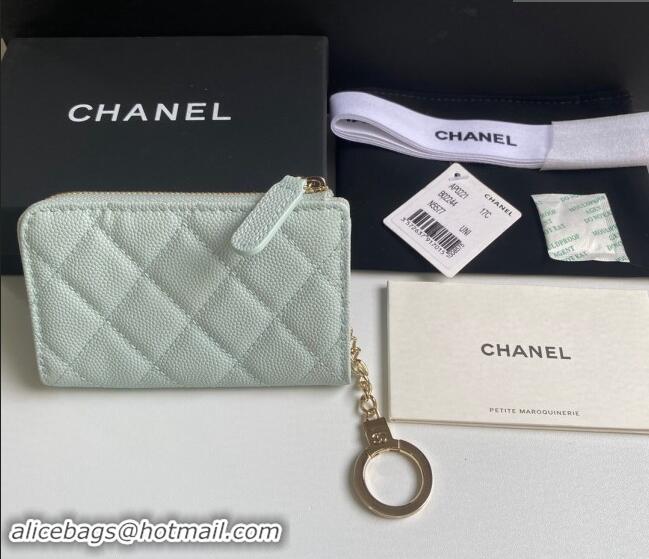 Grade Cheap Chanel Grained Calfskin Zip Card Holder Wallet AP0221 Pale Green 2024