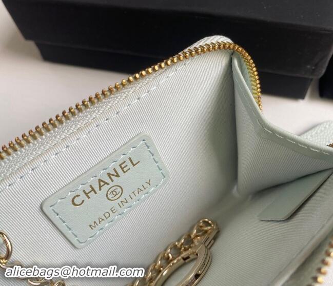 Grade Cheap Chanel Grained Calfskin Zip Card Holder Wallet AP0221 Pale Green 2024