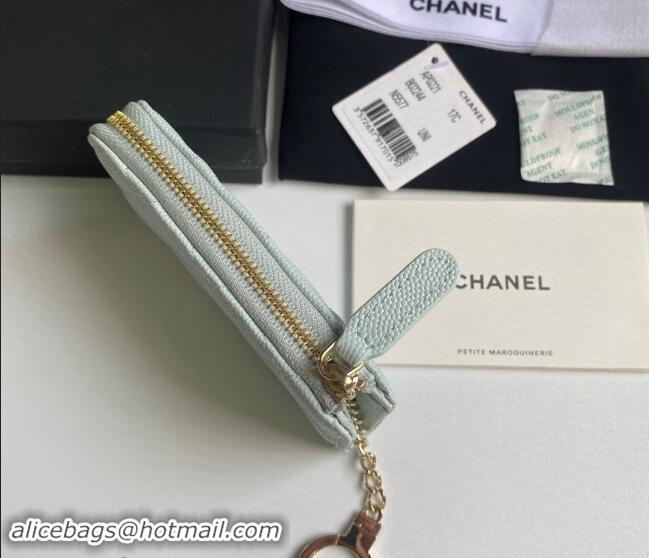 Grade Cheap Chanel Grained Calfskin Zip Card Holder Wallet AP0221 Pale Green 2024