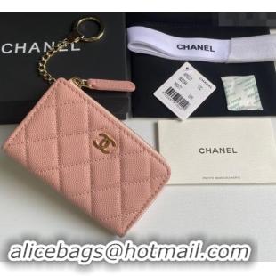 Buy Best Price Chanel Grained Calfskin Zip Card Holder Wallet AP0221 Light Pink 2024