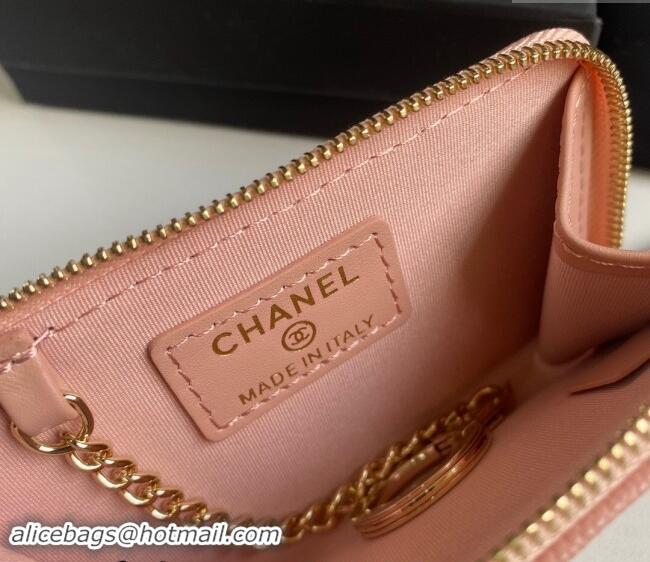 Buy Best Price Chanel Grained Calfskin Zip Card Holder Wallet AP0221 Light Pink 2024