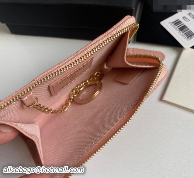 Buy Best Price Chanel Grained Calfskin Zip Card Holder Wallet AP0221 Light Pink 2024