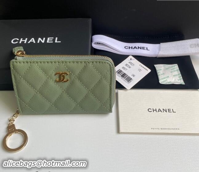 Inexpensive Chanel Grained Calfskin Zip Card Holder Wallet AP0221 Avocado Green 2024