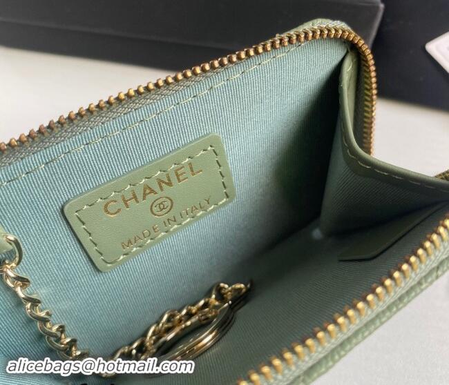 Inexpensive Chanel Grained Calfskin Zip Card Holder Wallet AP0221 Avocado Green 2024