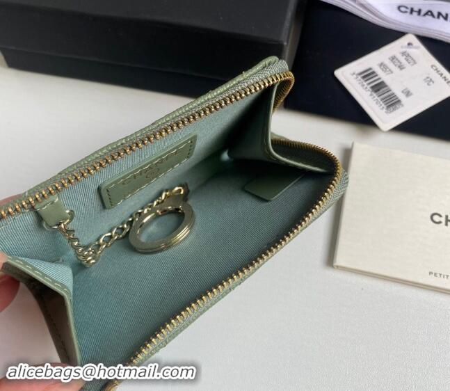 Inexpensive Chanel Grained Calfskin Zip Card Holder Wallet AP0221 Avocado Green 2024