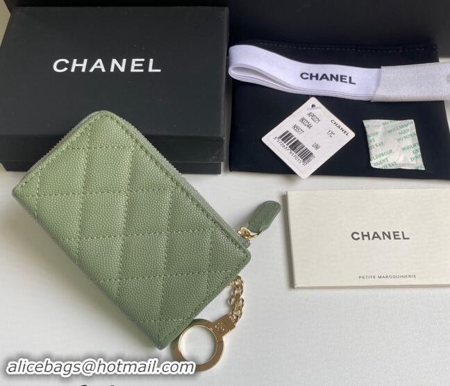 Inexpensive Chanel Grained Calfskin Zip Card Holder Wallet AP0221 Avocado Green 2024