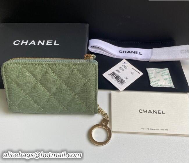 Inexpensive Chanel Grained Calfskin Zip Card Holder Wallet AP0221 Avocado Green 2024