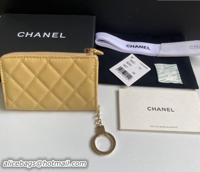 New Design Chanel Grained Calfskin Zip Card Holder Wallet AP0221 Yellow 2024