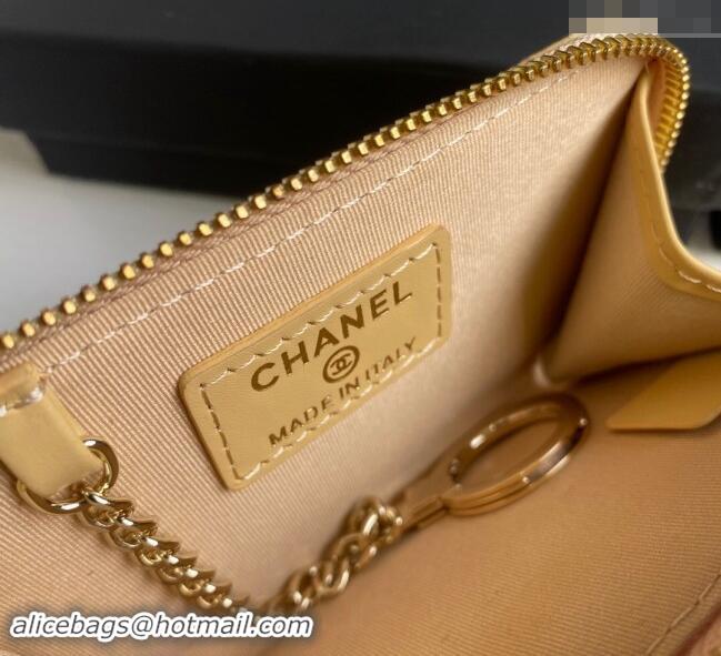 New Design Chanel Grained Calfskin Zip Card Holder Wallet AP0221 Yellow 2024