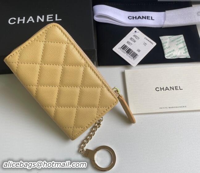 New Design Chanel Grained Calfskin Zip Card Holder Wallet AP0221 Yellow 2024