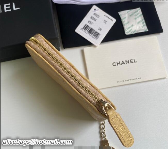 New Design Chanel Grained Calfskin Zip Card Holder Wallet AP0221 Yellow 2024