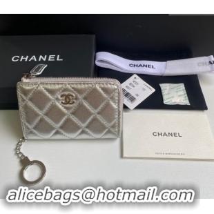 Buy Cheap Chanel Metallic Calfskin Zip Card Holder Wallet AP0221 Silver 2024