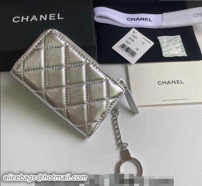 Buy Cheap Chanel Metallic Calfskin Zip Card Holder Wallet AP0221 Silver 2024