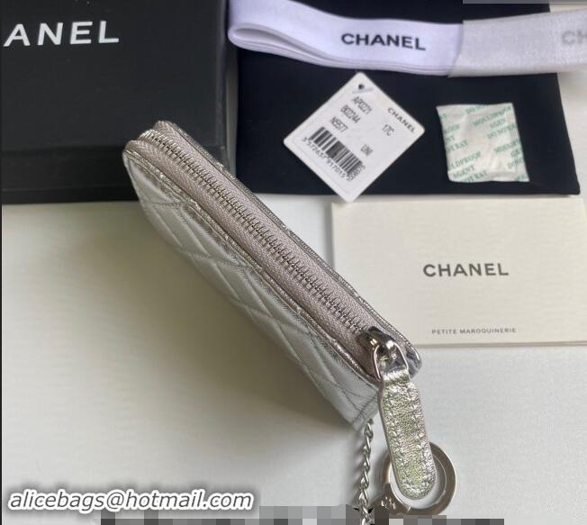 Buy Cheap Chanel Metallic Calfskin Zip Card Holder Wallet AP0221 Silver 2024