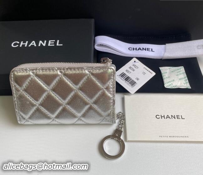 Buy Cheap Chanel Metallic Calfskin Zip Card Holder Wallet AP0221 Silver 2024