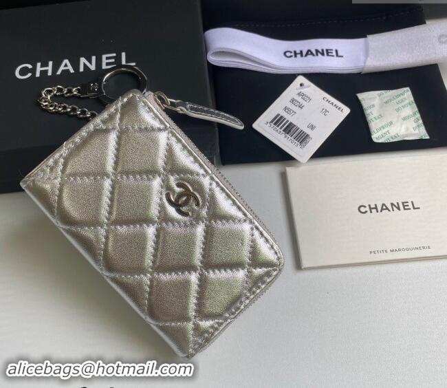 Buy Cheap Chanel Metallic Calfskin Zip Card Holder Wallet AP0221 Silver 2024