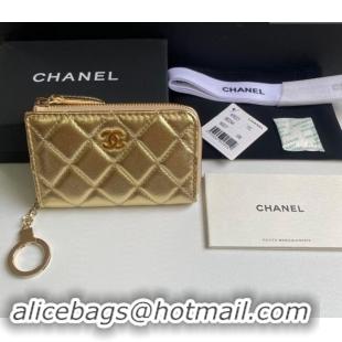 Super Quality Chanel Metallic Calfskin Zip Card Holder Wallet AP0221 Gold 2024