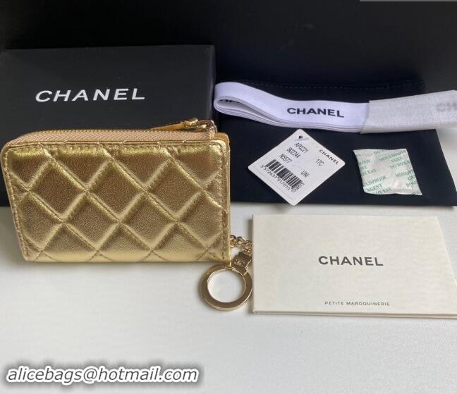 Super Quality Chanel Metallic Calfskin Zip Card Holder Wallet AP0221 Gold 2024