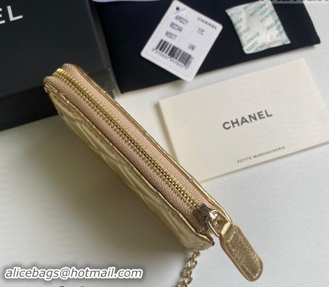 Super Quality Chanel Metallic Calfskin Zip Card Holder Wallet AP0221 Gold 2024