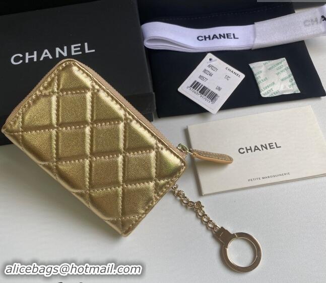 Super Quality Chanel Metallic Calfskin Zip Card Holder Wallet AP0221 Gold 2024