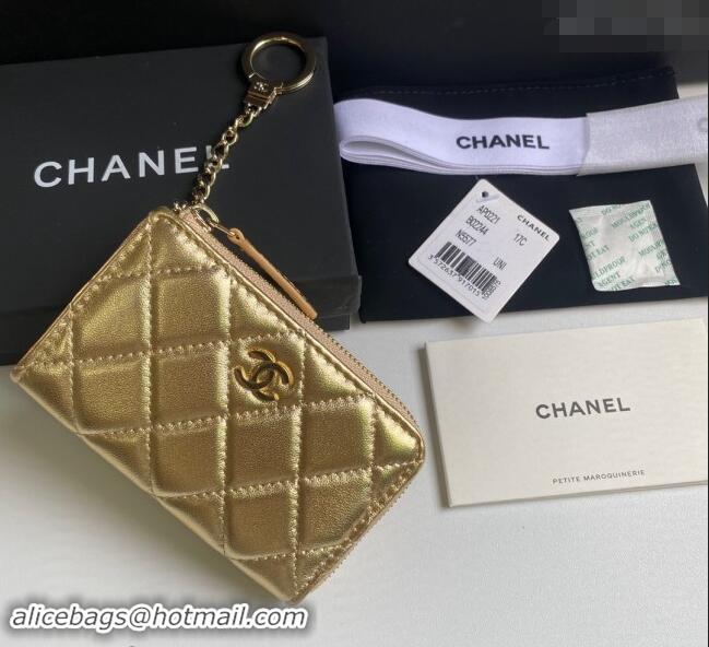 Super Quality Chanel Metallic Calfskin Zip Card Holder Wallet AP0221 Gold 2024