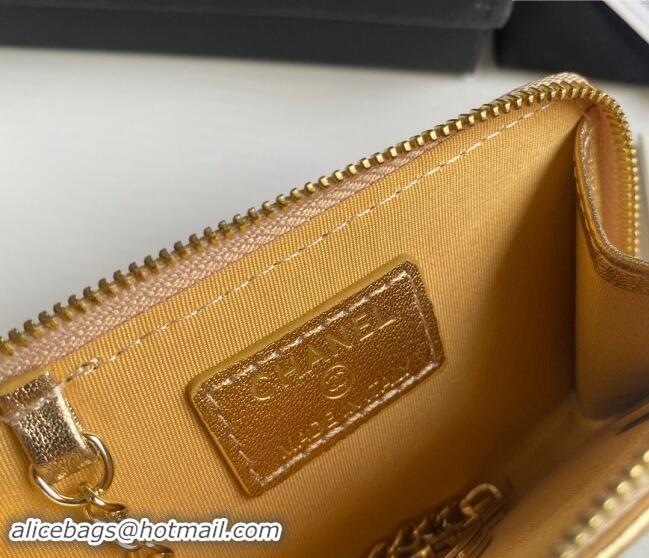 Super Quality Chanel Metallic Calfskin Zip Card Holder Wallet AP0221 Gold 2024