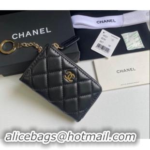 Good Taste Chanel Lambskin Zip Card Holder Wallet AP0221 Black/Gold 2024