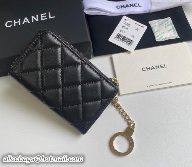 Good Taste Chanel Lambskin Zip Card Holder Wallet AP0221 Black/Gold 2024