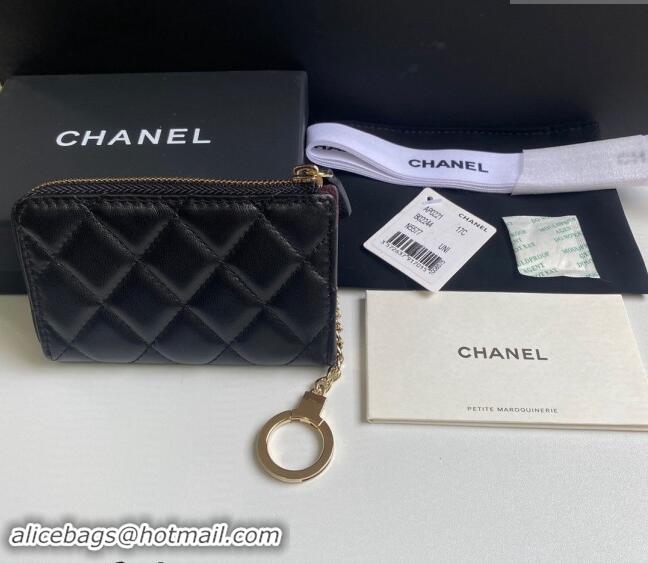 Good Taste Chanel Lambskin Zip Card Holder Wallet AP0221 Black/Gold 2024