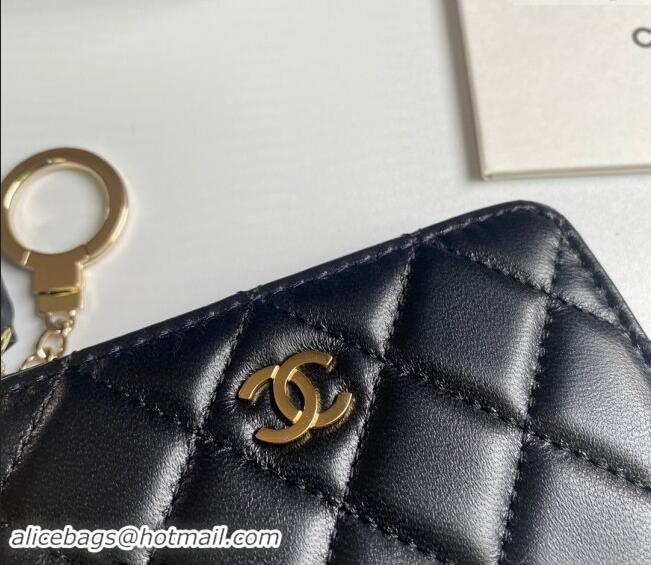 Good Taste Chanel Lambskin Zip Card Holder Wallet AP0221 Black/Gold 2024