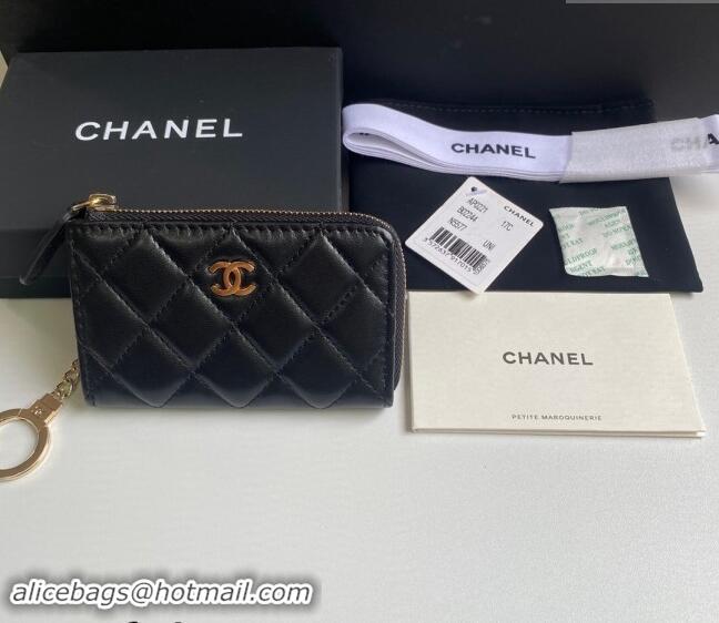 Good Taste Chanel Lambskin Zip Card Holder Wallet AP0221 Black/Gold 2024