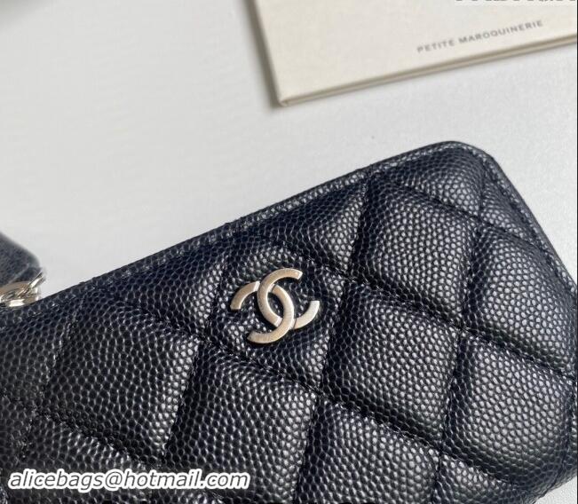 Low Price Chanel Grained Calfskin Zip Card Holder Wallet AP0221 Black/Silver 2024