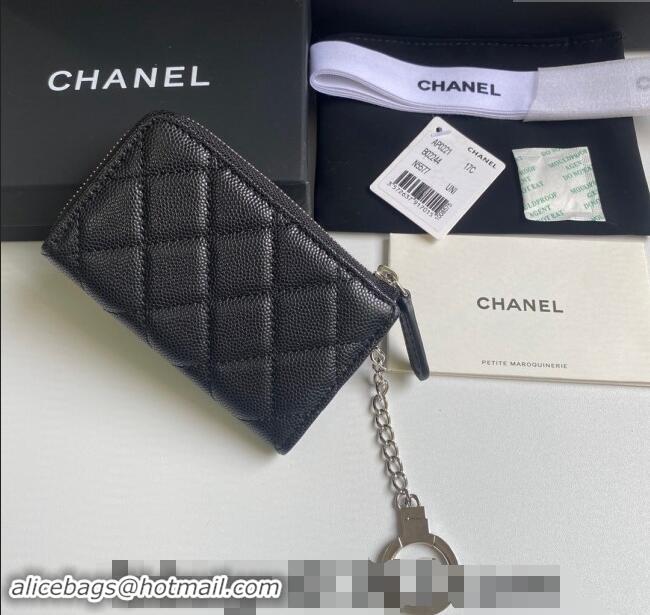 Low Price Chanel Grained Calfskin Zip Card Holder Wallet AP0221 Black/Silver 2024