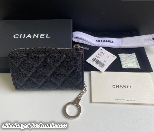 Low Price Chanel Grained Calfskin Zip Card Holder Wallet AP0221 Black/Silver 2024