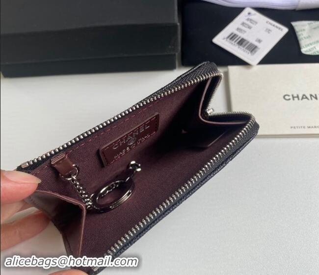 Low Price Chanel Grained Calfskin Zip Card Holder Wallet AP0221 Black/Silver 2024