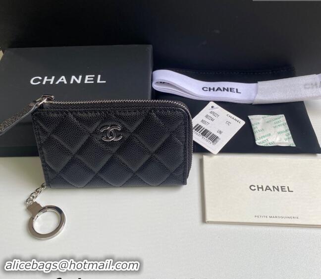 Low Price Chanel Grained Calfskin Zip Card Holder Wallet AP0221 Black/Silver 2024