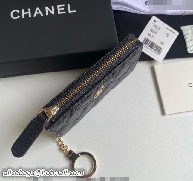 Super Quality Chanel Grained Calfskin Zip Card Holder Wallet AP0221 Black/Gold 2024