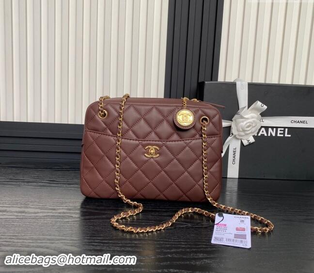 Top Grade Chanel Shiny Lambskin Medium Camera Case bag AS5187 Dark Brown 2024