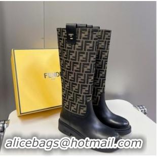 Popular Style Fendi Filo High Boots 3.5cm in FF fabric and Leather Black/Brown 930083