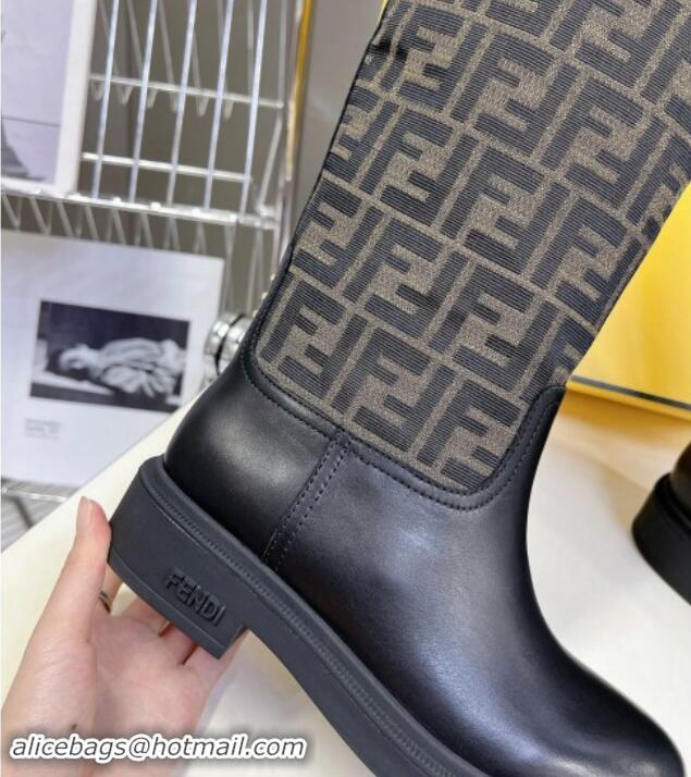 Popular Style Fendi Filo High Boots 3.5cm in FF fabric and Leather Black/Brown 930083