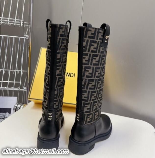 Popular Style Fendi Filo High Boots 3.5cm in FF fabric and Leather Black/Brown 930083