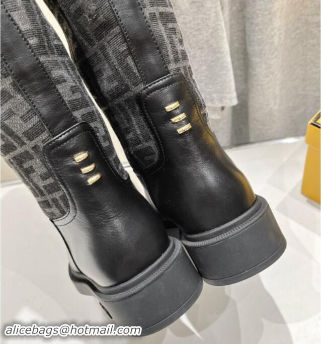 Top Design Fendi Filo High Boots 3.5cm in FF fabric and Leather Grey/Black 930084