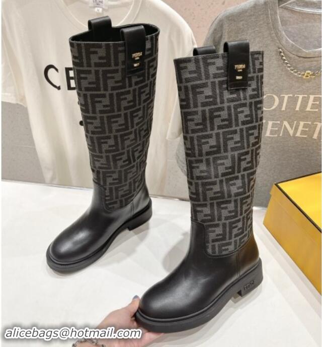 Top Design Fendi Filo High Boots 3.5cm in FF fabric and Leather Grey/Black 930084