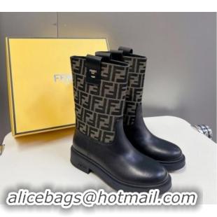 Luxury Fendi Filo Medium Boots 3.5cm in FF fabric and Leather Black/Brown 930086