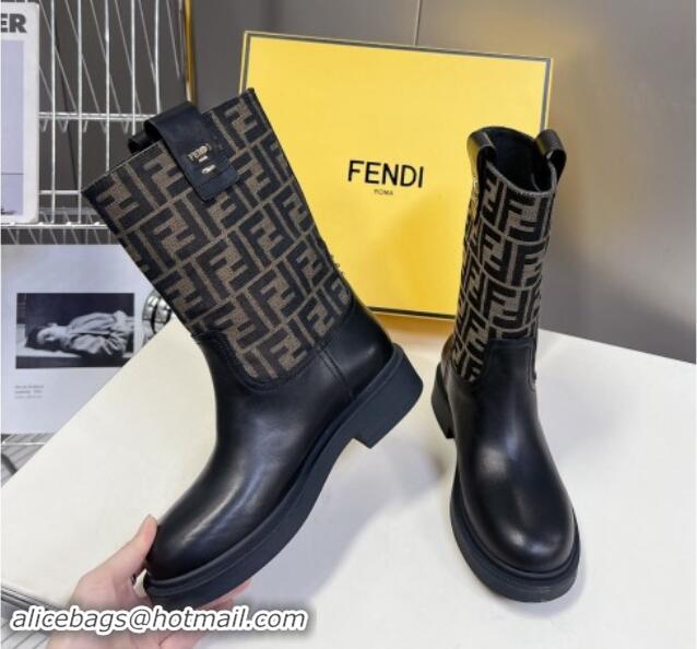 Luxury Fendi Filo Medium Boots 3.5cm in FF fabric and Leather Black/Brown 930086