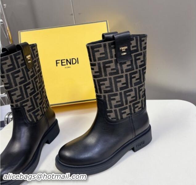 Luxury Fendi Filo Medium Boots 3.5cm in FF fabric and Leather Black/Brown 930086