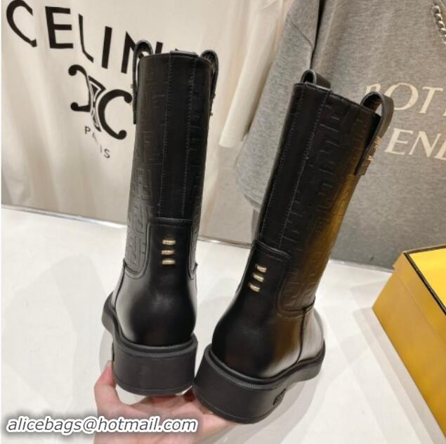 Luxury Cheap Fendi Filo Medium Boots 3.5cm in FF fabric and Leather Black 930087