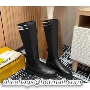 Top Grade Fendi Rockoko Medium Boots 3cm in Leather and Knit Black/White 930092