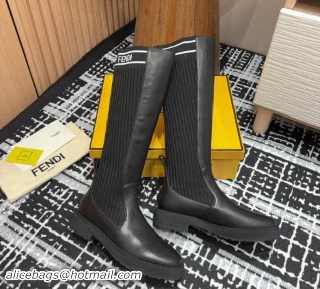 Top Grade Fendi Rockoko Medium Boots 3cm in Leather and Knit Black/White 930092