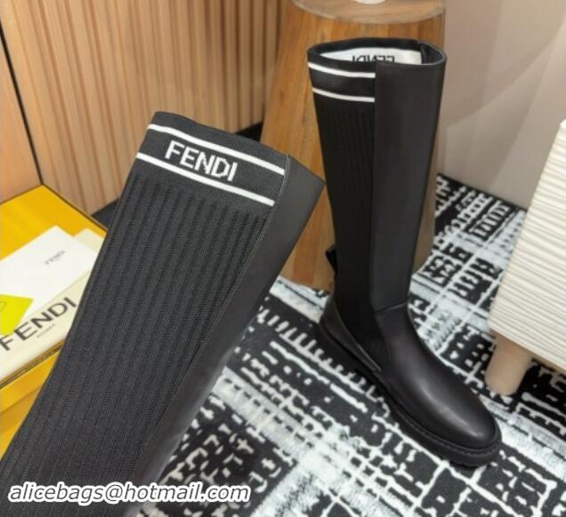 Top Grade Fendi Rockoko Medium Boots 3cm in Leather and Knit Black/White 930092